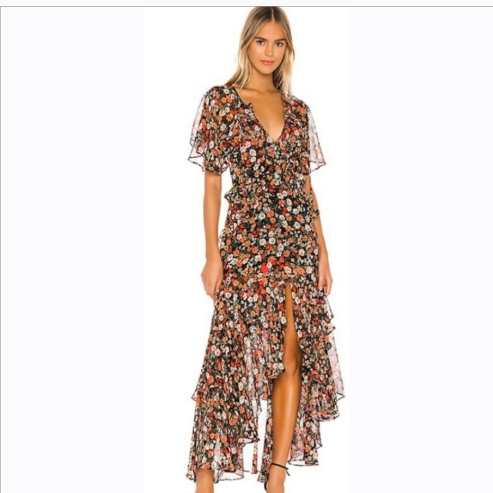 Misa Los Angeles floral ruffle short sleeve hi low maxi dress